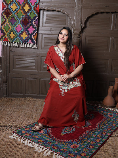 Rust Red Floral Aari Embroidered Kashmiri Kaftan