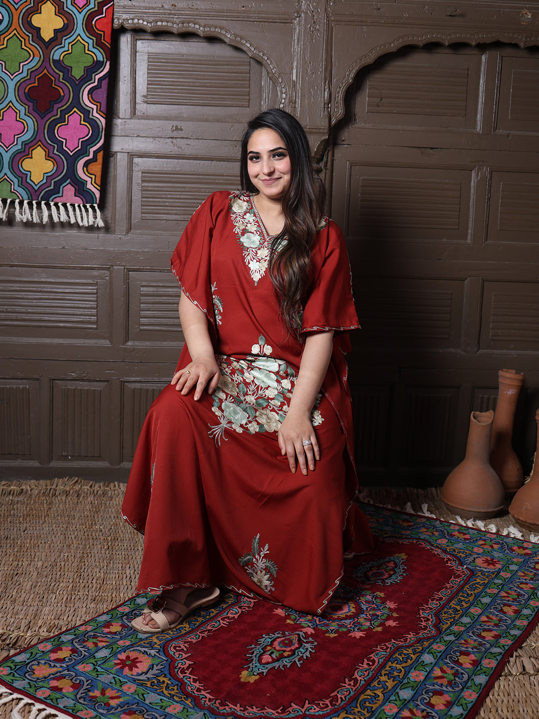Rust Red Floral Aari Embroidered Kashmiri Kaftan