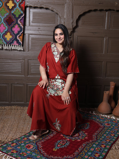 Rust Red Floral Aari Embroidered Kashmiri Kaftan