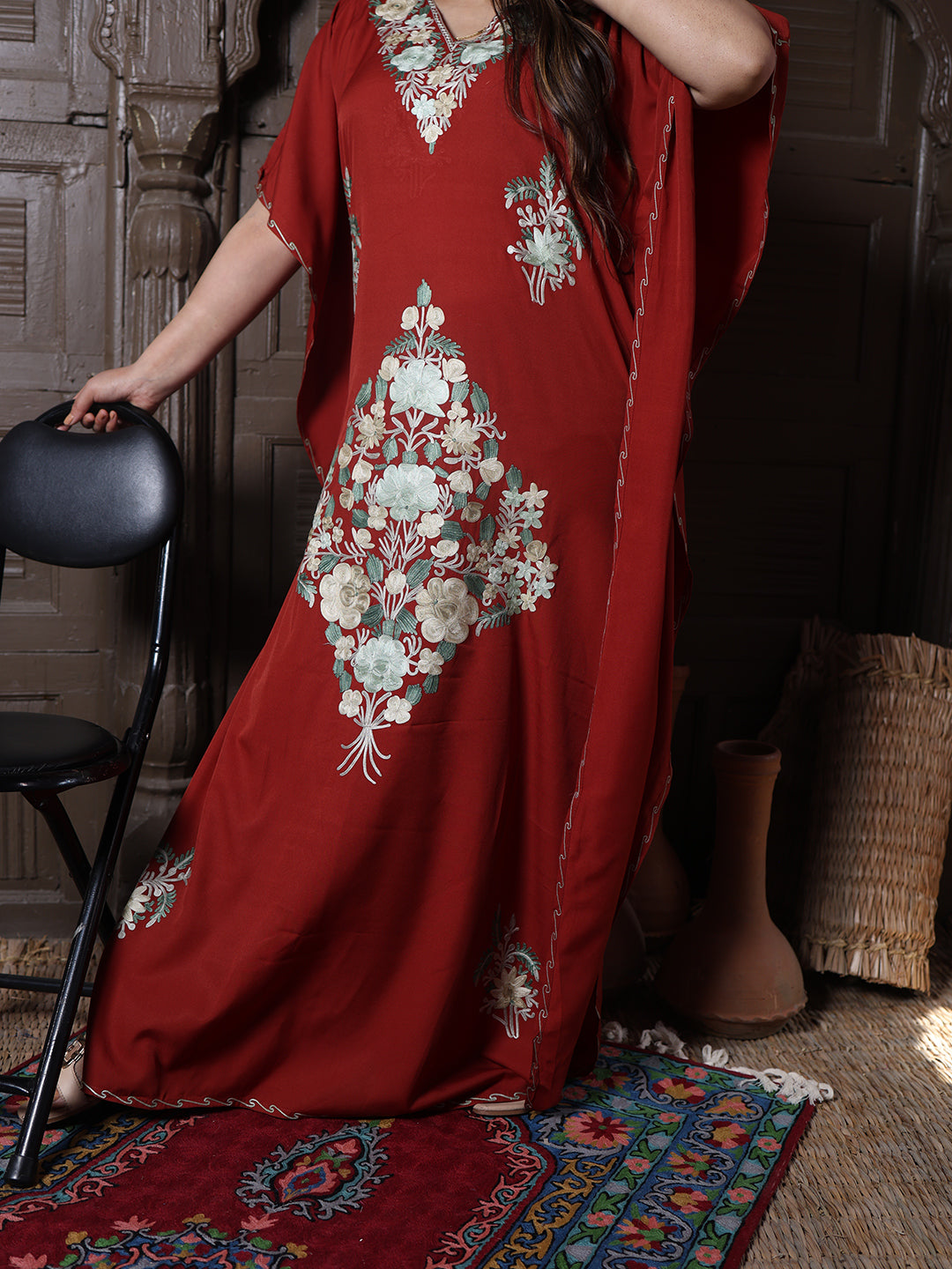 Rust Red Floral Aari Embroidered Kashmiri Kaftan