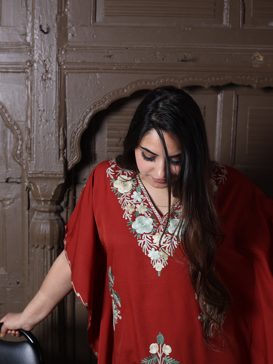 Rust Red Floral Aari Embroidered Kashmiri Kaftan