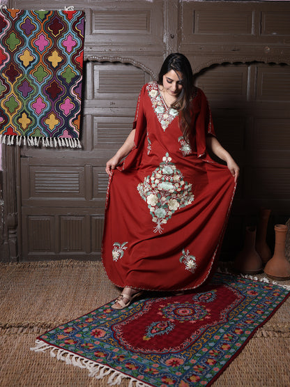 Rust Red Floral Aari Embroidered Kashmiri Kaftan
