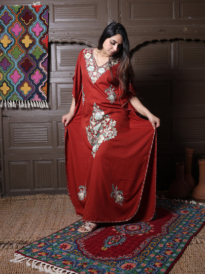Rust Red Floral Aari Embroidered Kashmiri Kaftan
