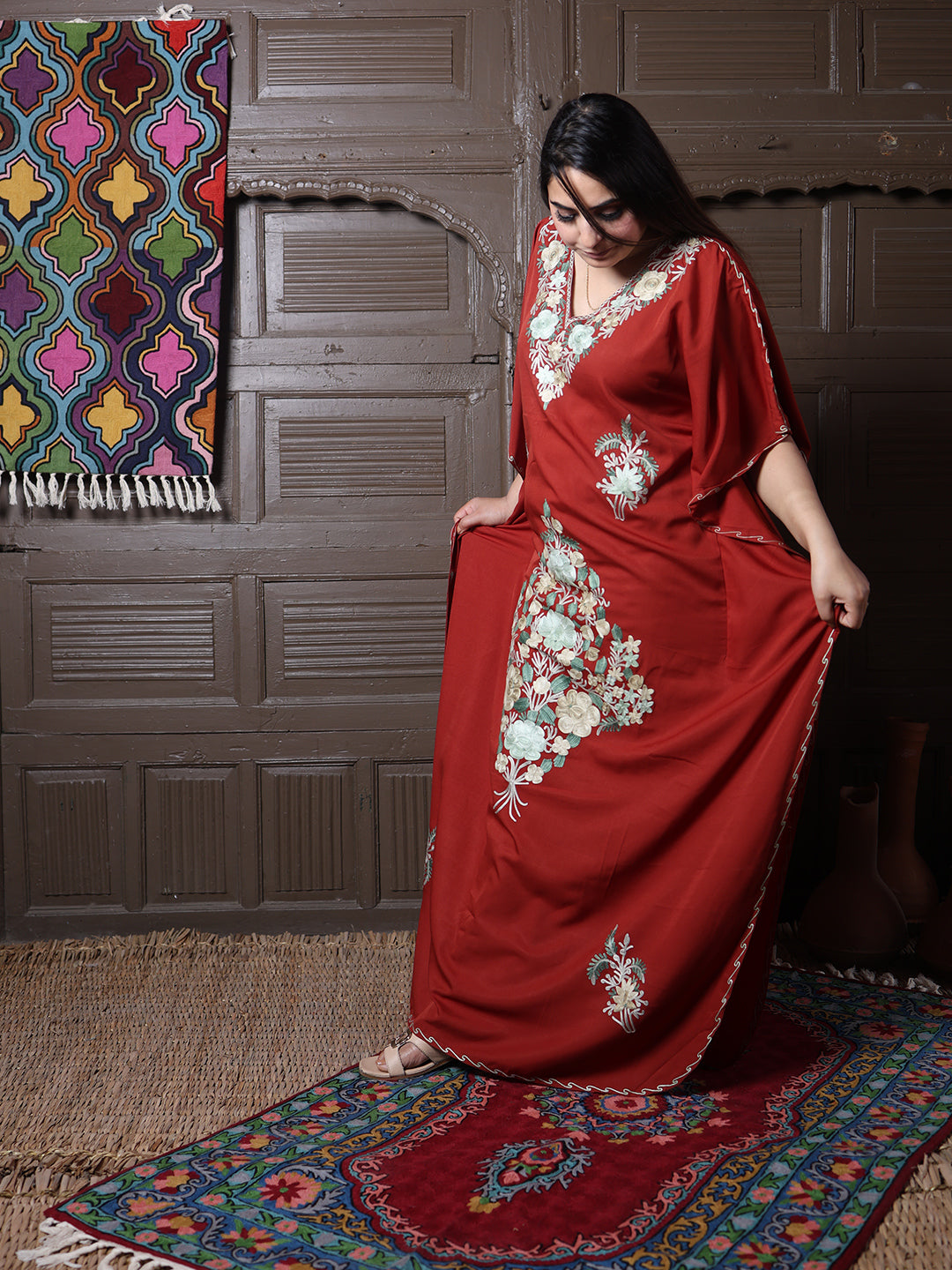 Rust Red Floral Aari Embroidered Kashmiri Kaftan