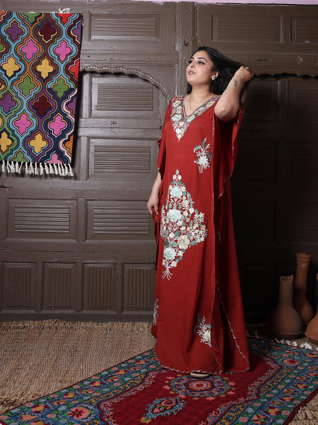 Rust Red Floral Aari Embroidered Kashmiri Kaftan