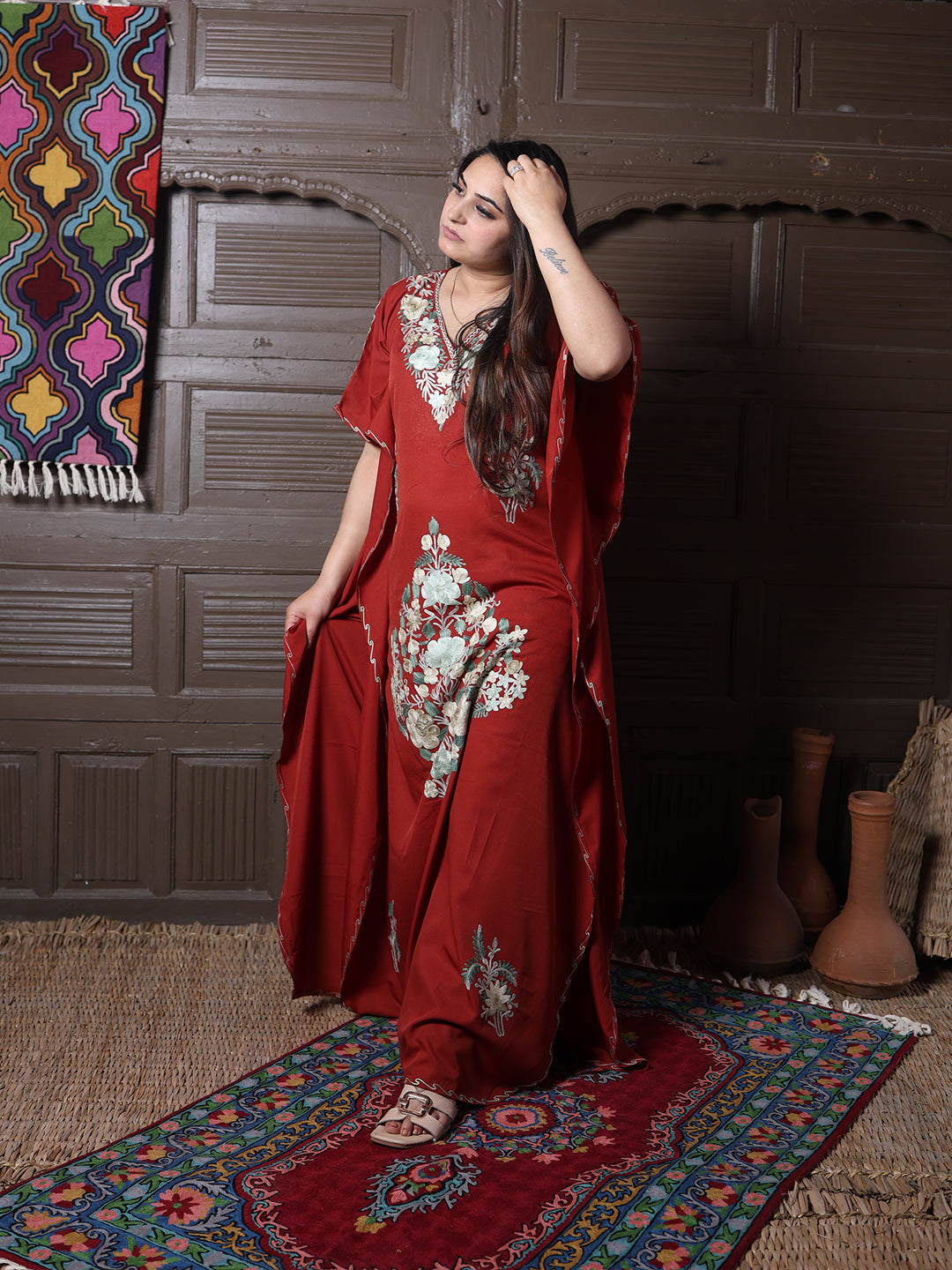 Rust Red Floral Aari Embroidered Kashmiri Kaftan