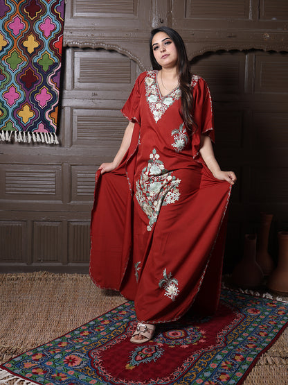 Rust Red Floral Aari Embroidered Kashmiri Kaftan