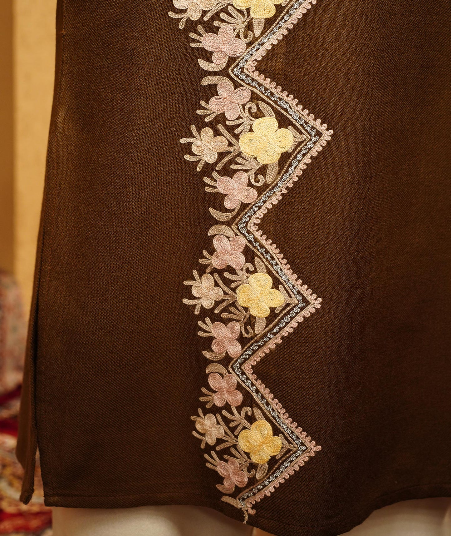 Olive Brown Aari & Zari Embroidered Woolen Pheran