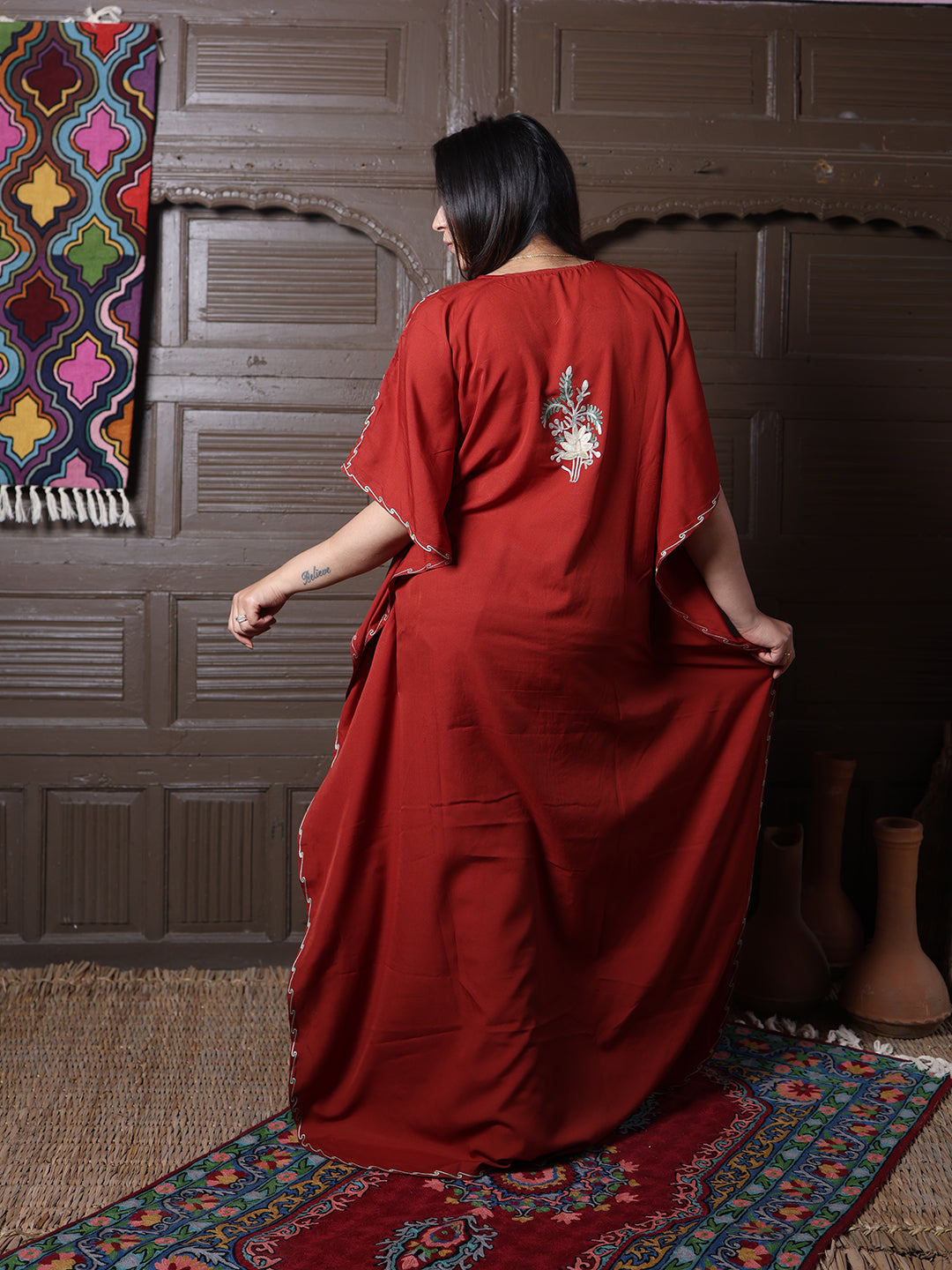 Rust Red Floral Aari Embroidered Kashmiri Kaftan