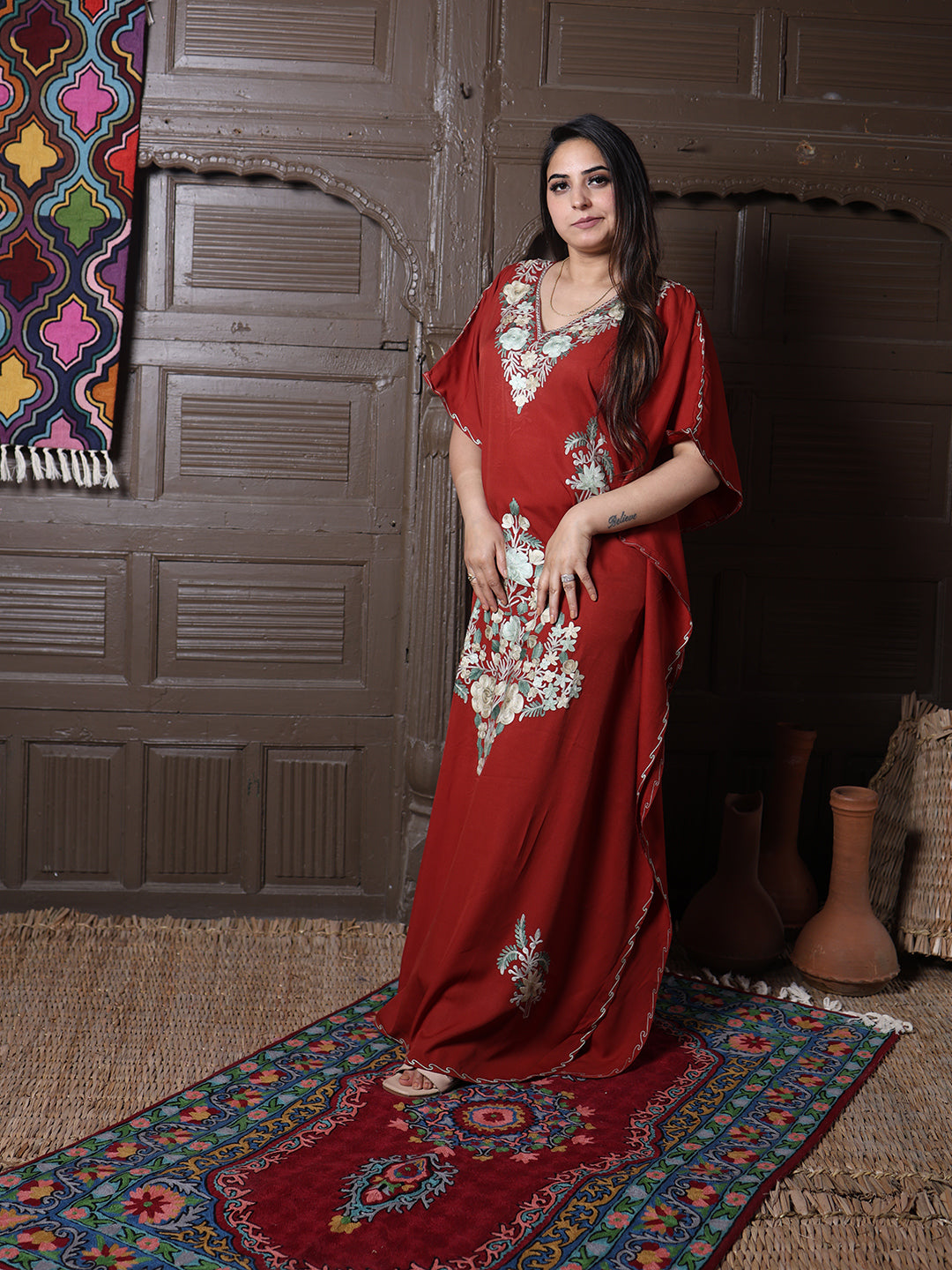 Rust Red Floral Aari Embroidered Kashmiri Kaftan