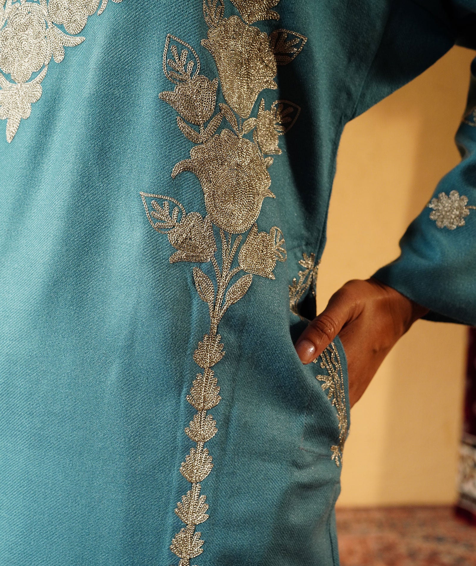 Powder Blue Zari Embroidered Woolen Pheran