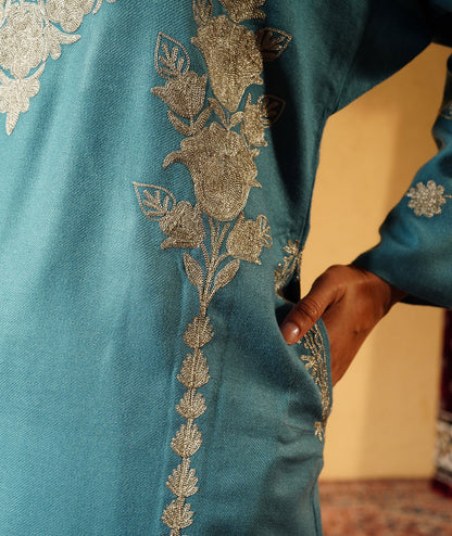 Powder Blue Zari Embroidered Woolen Pheran