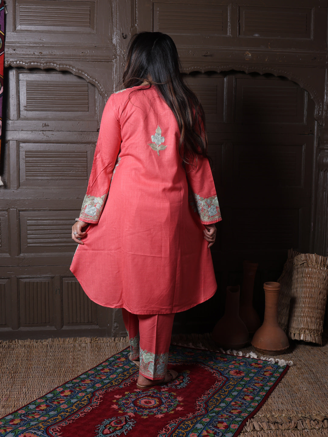 Coral Pink Aari Embroidered Kashmiri Co-Ord Set