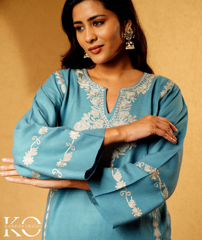 Powder Blue Zari Embroidered Woolen Pheran