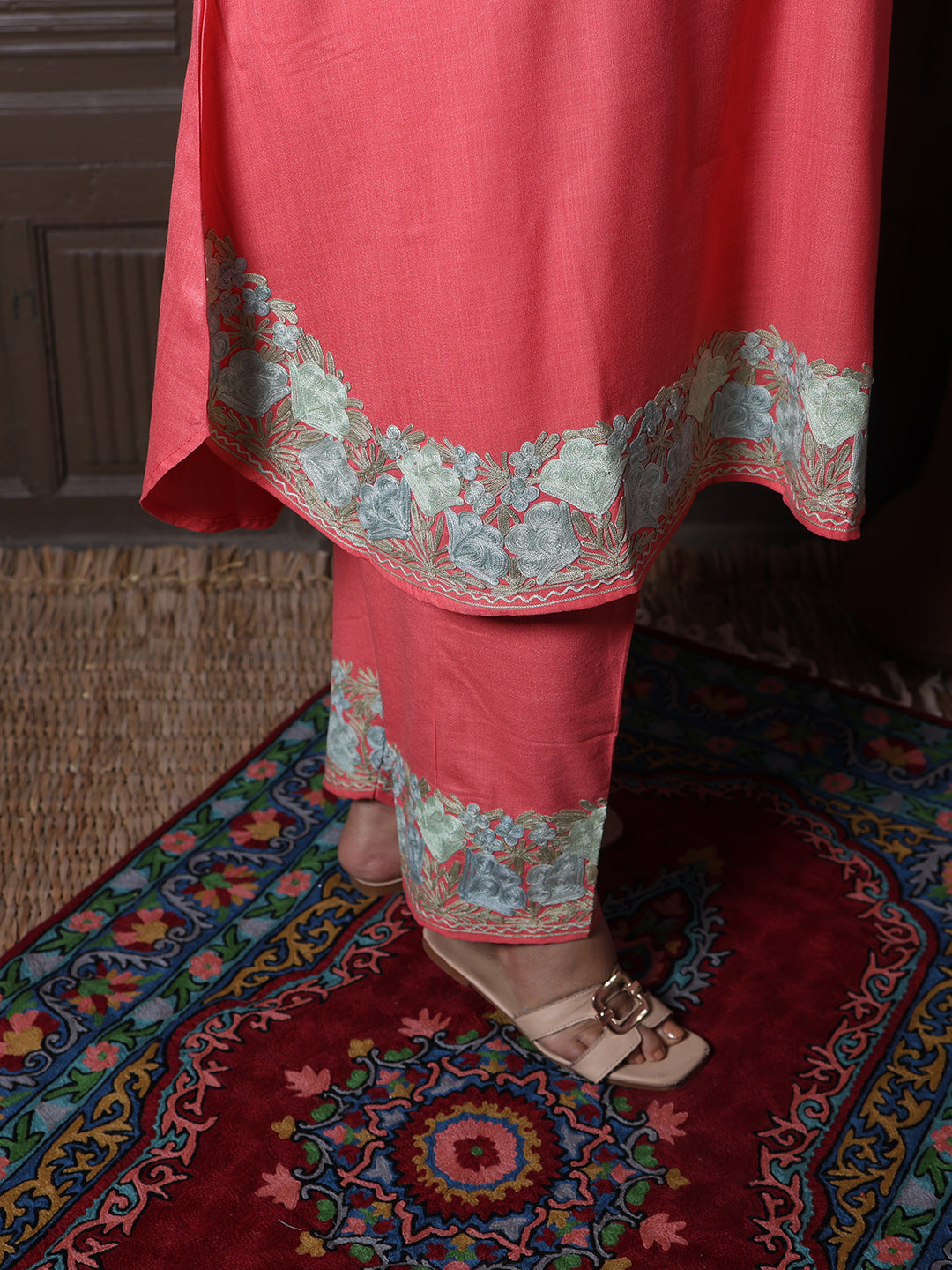 Coral Pink Aari Embroidered Kashmiri Co-Ord Set