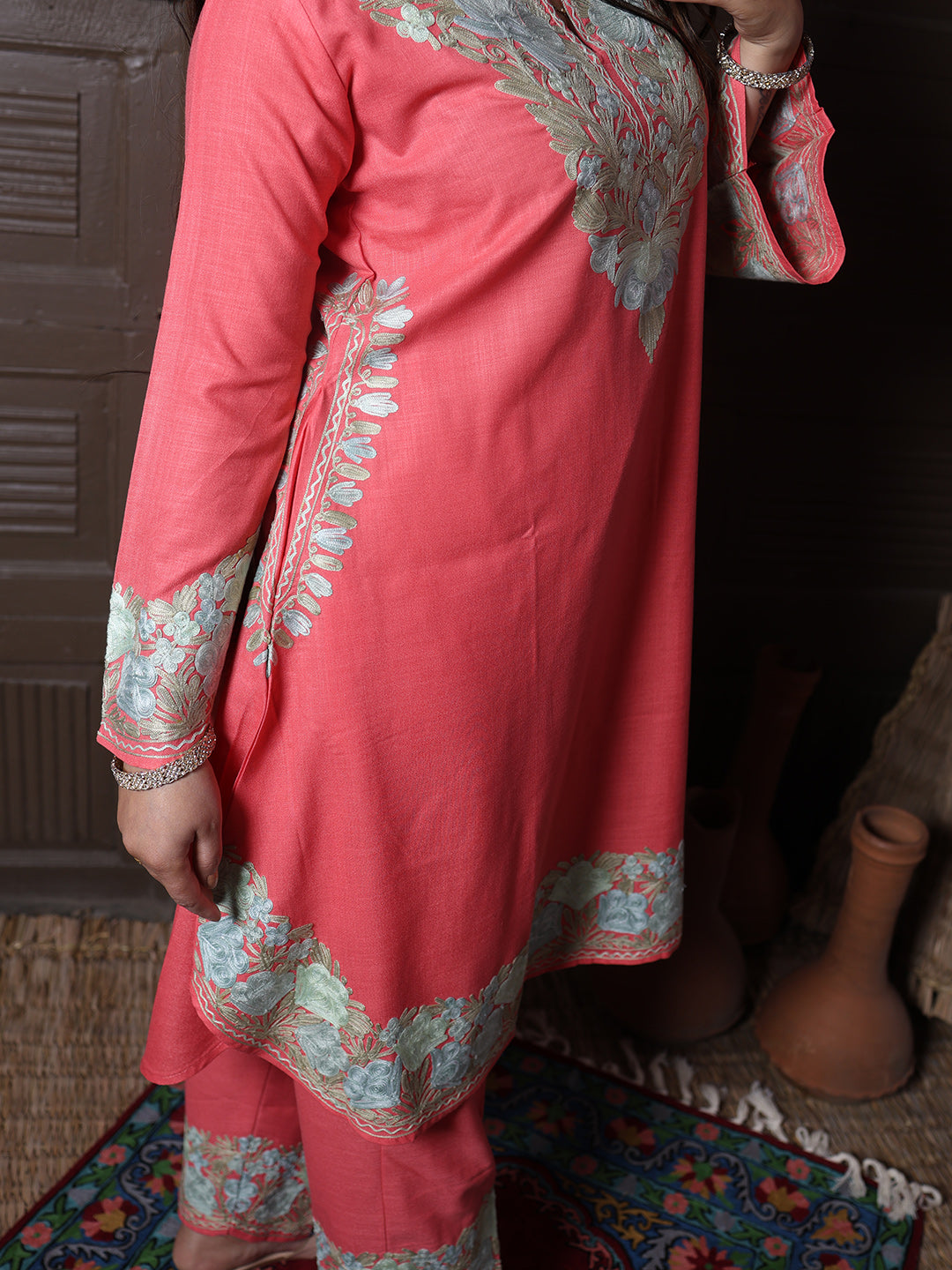 Coral Pink Aari Embroidered Kashmiri Co-Ord Set