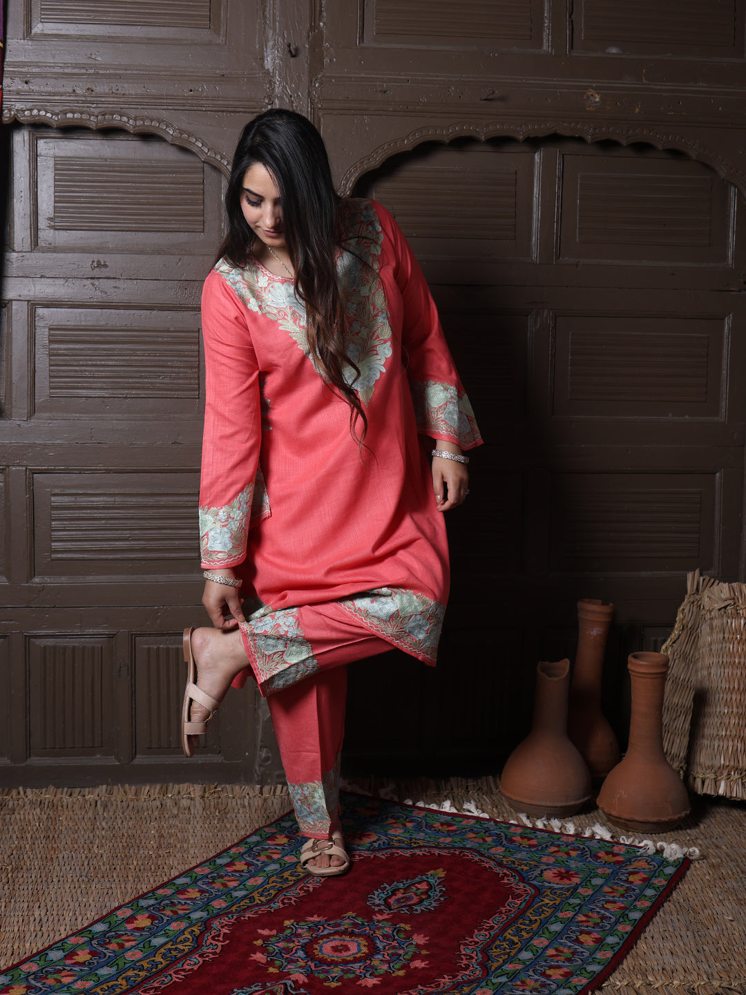 Coral Pink Aari Embroidered Kashmiri Co-Ord Set
