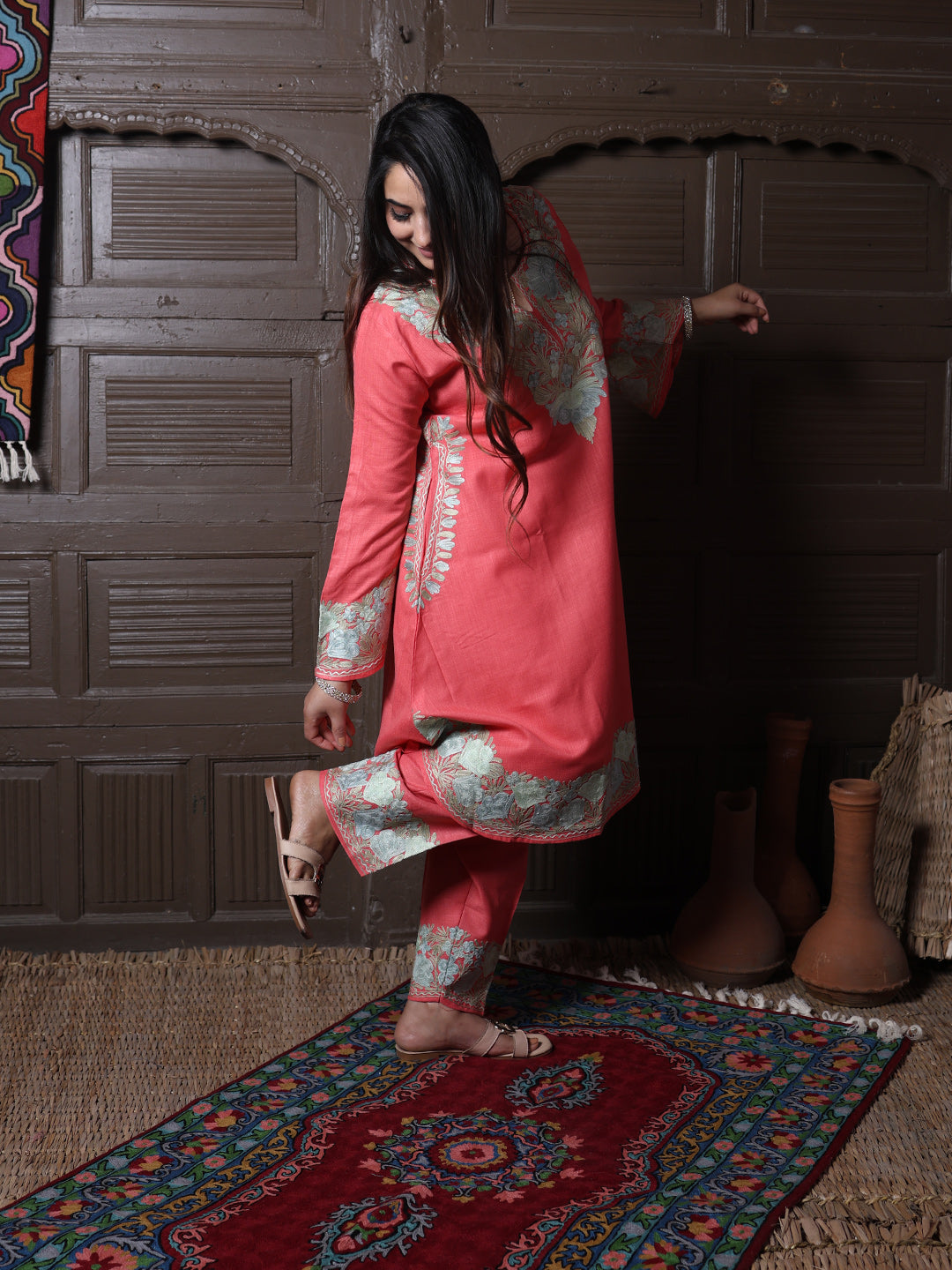 Coral Pink Aari Embroidered Kashmiri Co-Ord Set