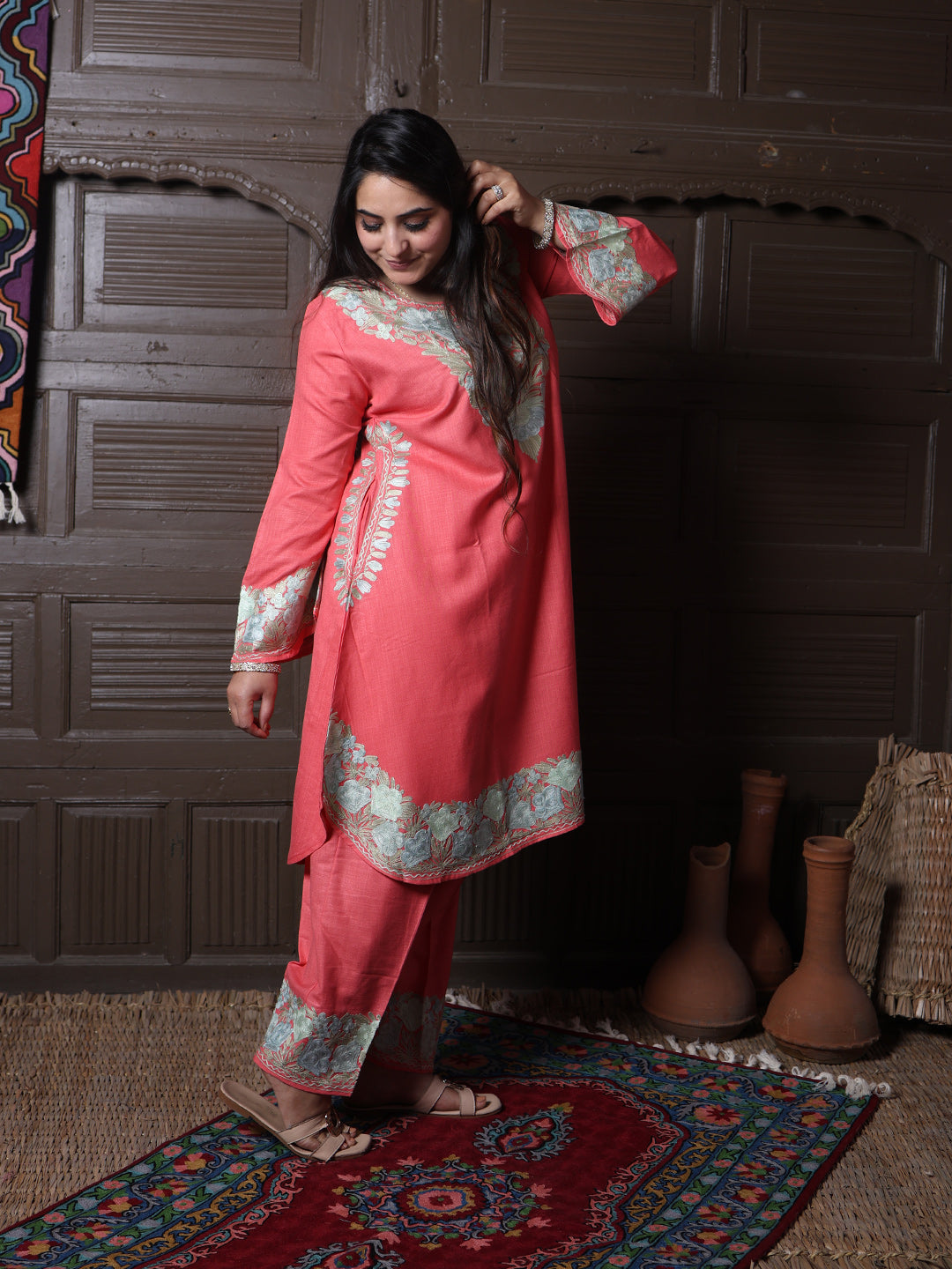Coral Pink Aari Embroidered Kashmiri Co-Ord Set