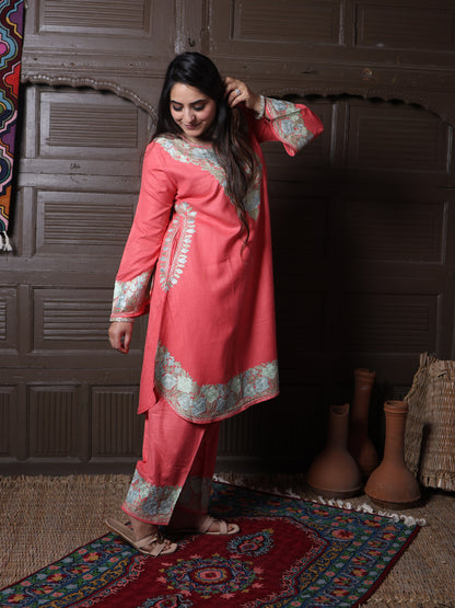 Coral Pink Aari Embroidered Kashmiri Co-Ord Set
