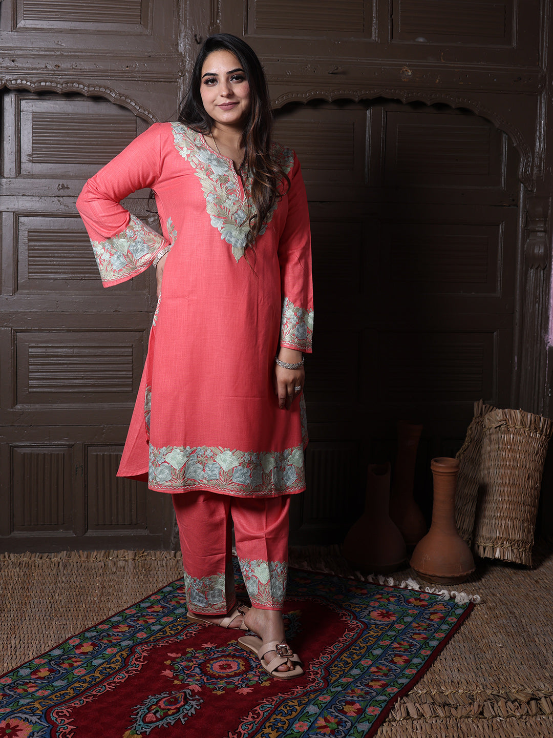 Coral Pink Aari Embroidered Kashmiri Co-Ord Set