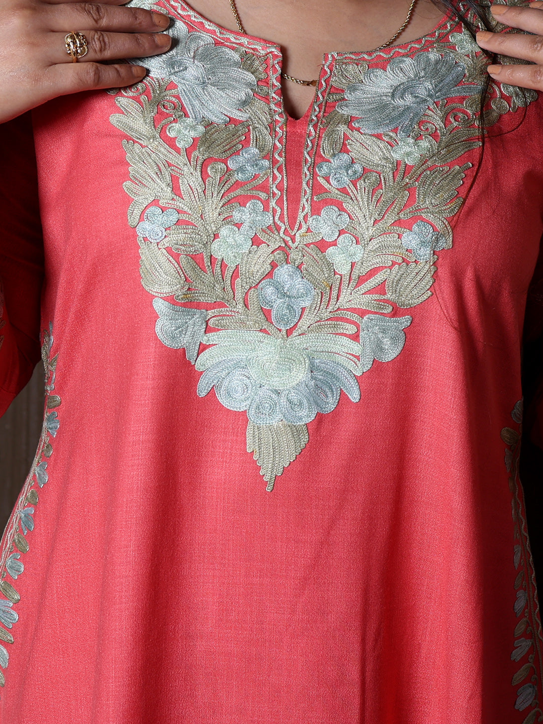 Coral Pink Aari Embroidered Kashmiri Co-Ord Set