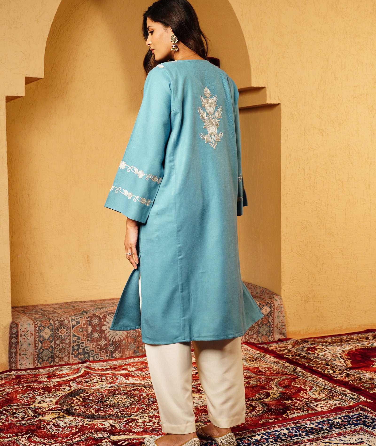 Powder Blue Zari Embroidered Woolen Pheran
