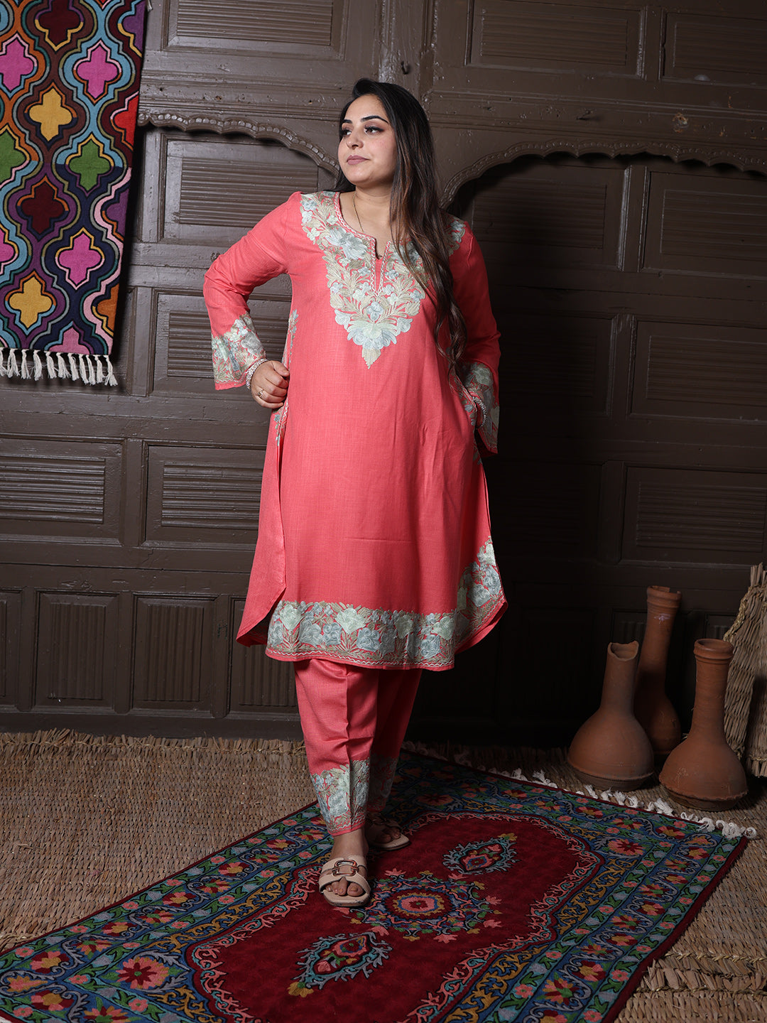 Coral Pink Aari Embroidered Kashmiri Co-Ord Set