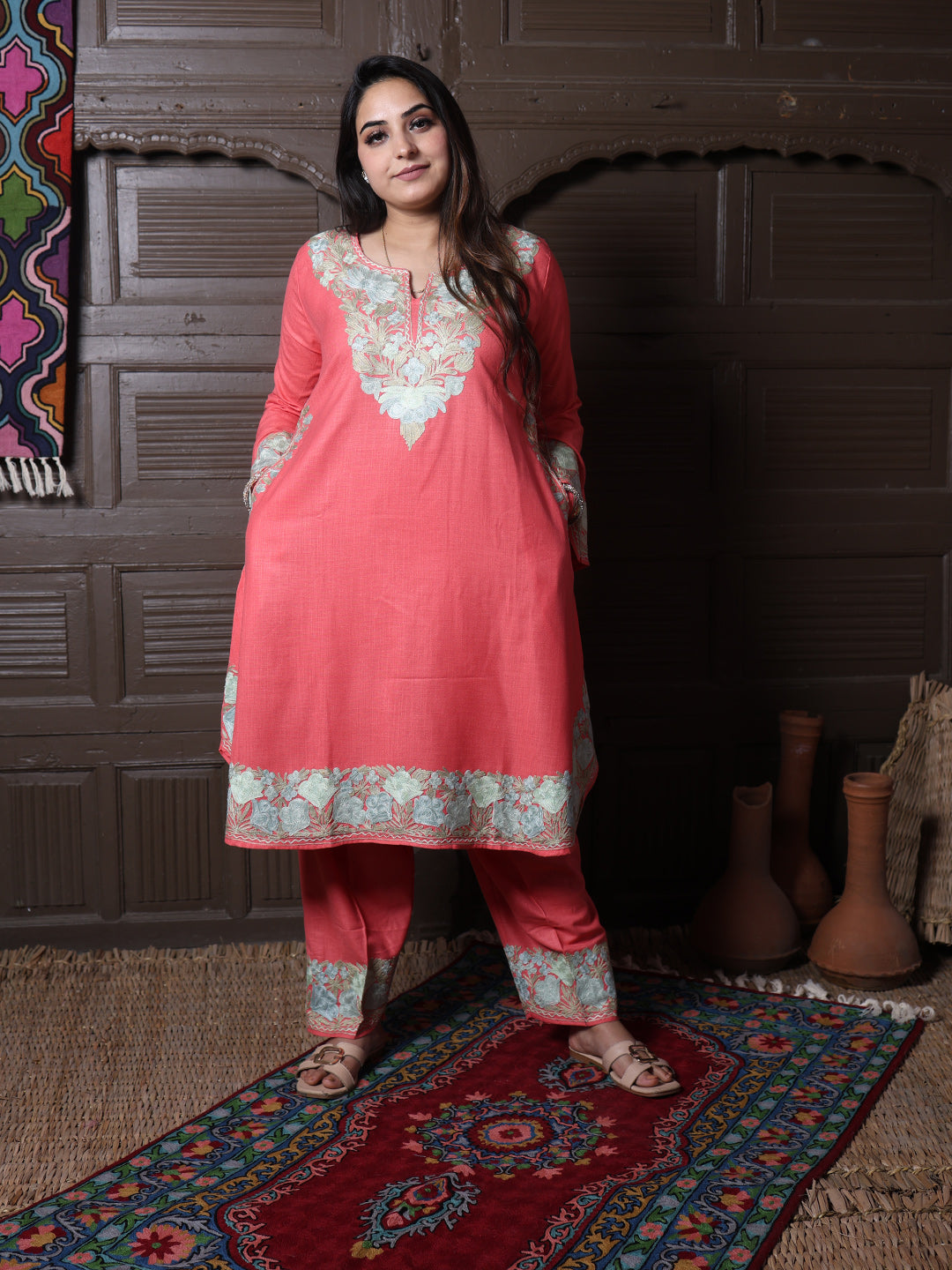 Coral Pink Aari Embroidered Kashmiri Co-Ord Set