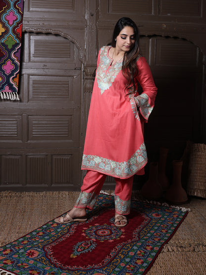 Coral Pink Aari Embroidered Kashmiri Co-Ord Set