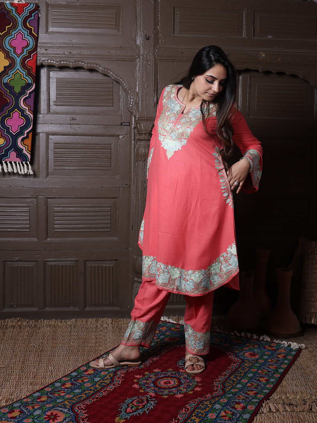 Coral Pink Aari Embroidered Kashmiri Co-Ord Set
