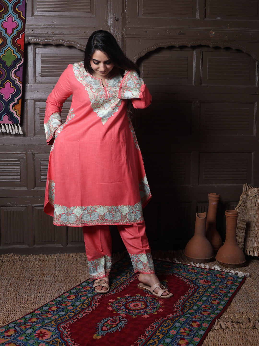 Coral Pink Aari Embroidered Kashmiri Co-Ord Set