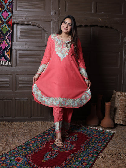 Coral Pink Aari Embroidered Kashmiri Co-Ord Set