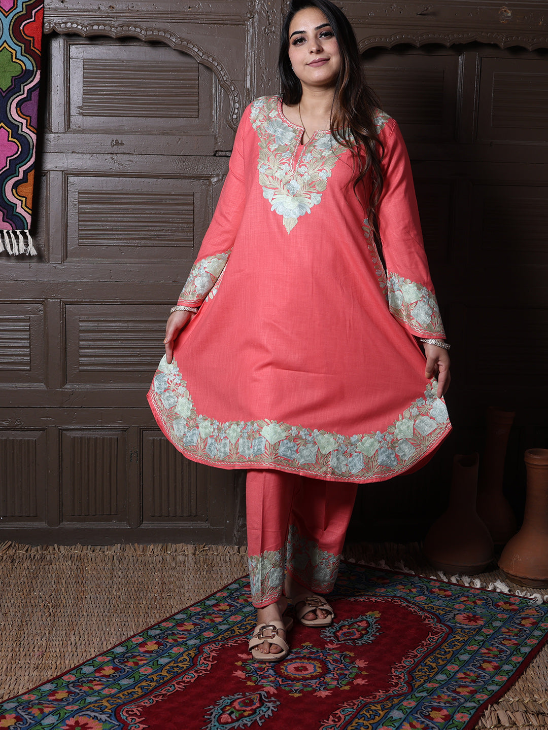 Coral Pink Aari Embroidered Kashmiri Co-Ord Set