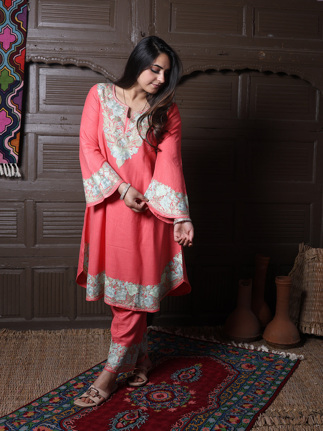 Coral Pink Aari Embroidered Kashmiri Co-Ord Set