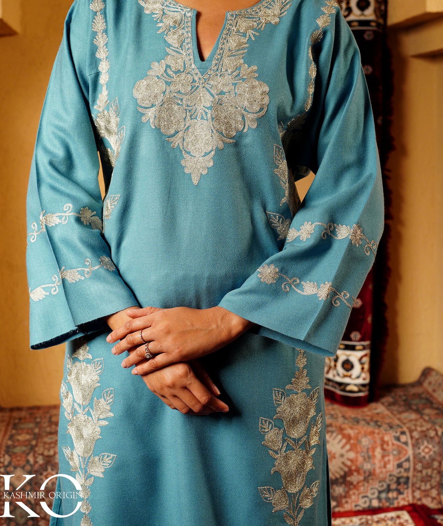 Powder Blue Zari Embroidered Woolen Pheran