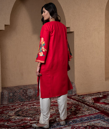 Red Floral Daman Design Aari Embroidered Woolen Pheran