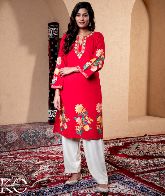 Red Floral Daman Design Aari Embroidered Woolen Pheran