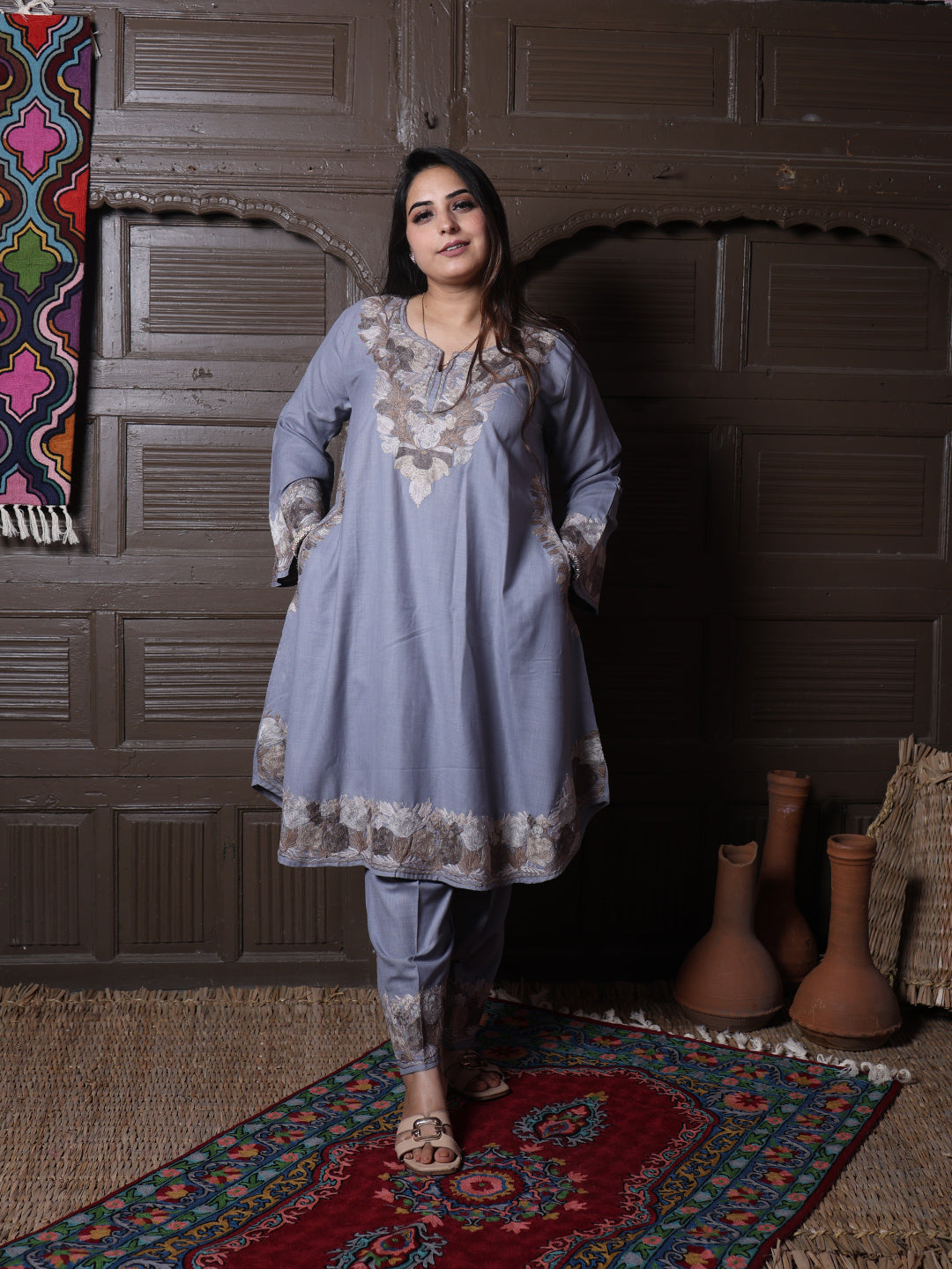 women wear lavender grey coord set summer