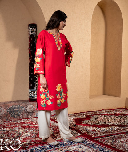 Red Floral Daman Design Aari Embroidered Woolen Pheran