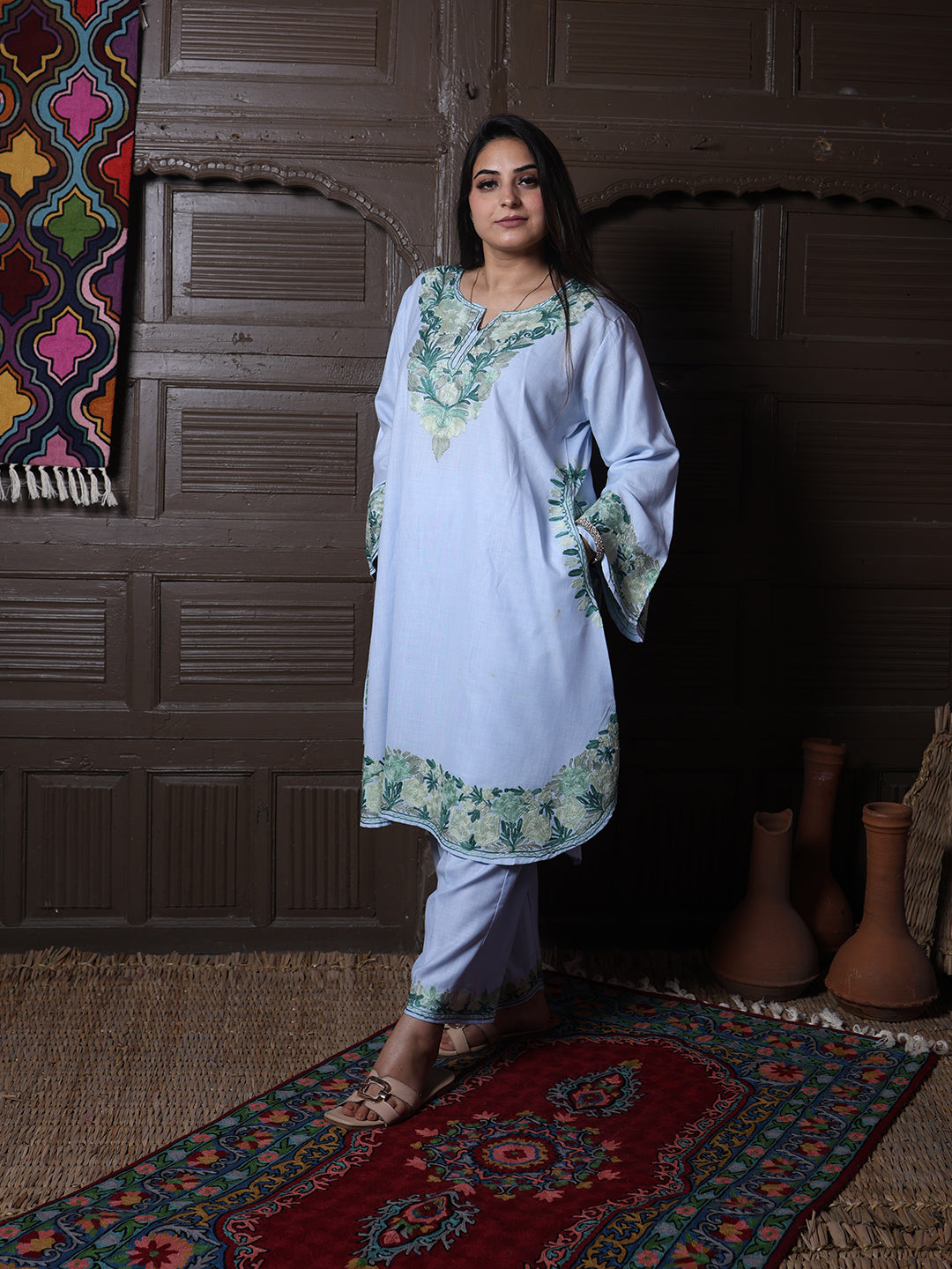 women wear powder blue coord set summer