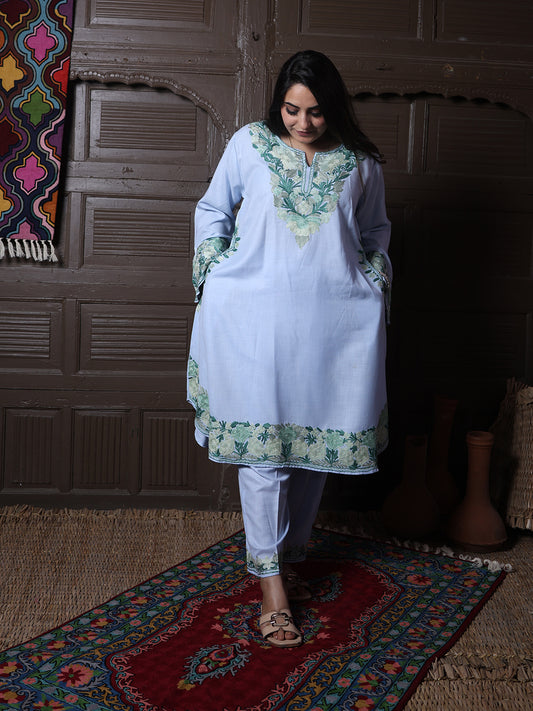 Powder Blue Aari Embroidered Kashmiri Co-Ord Set