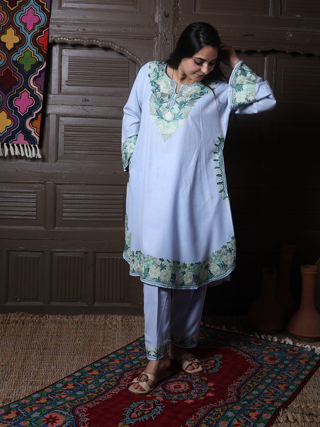 women wear powder blue coord set summer