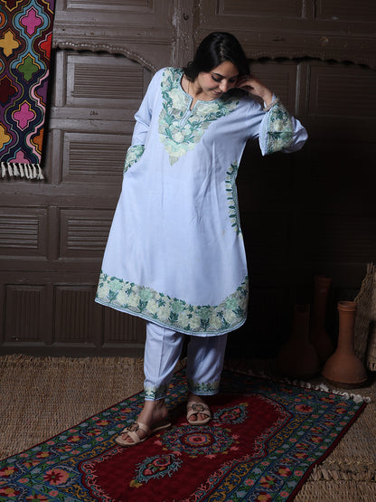 women wear powder blue coord set summer