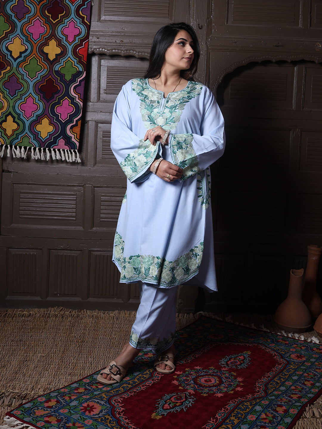 women wear powder blue coord set summer