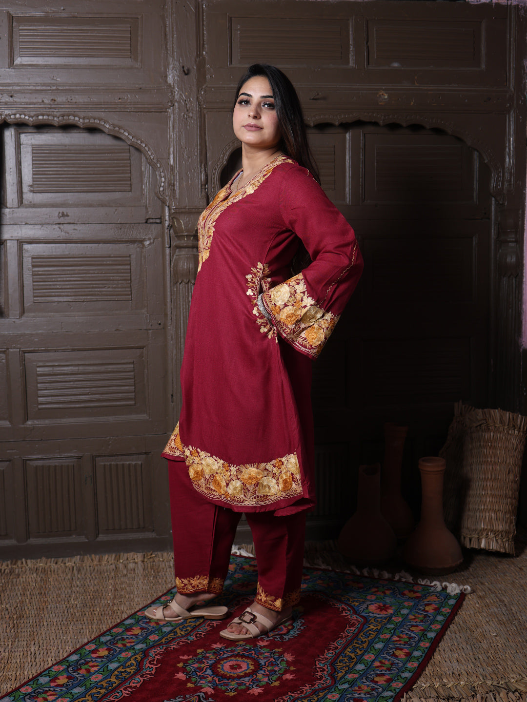 women wear maroon coord set summer