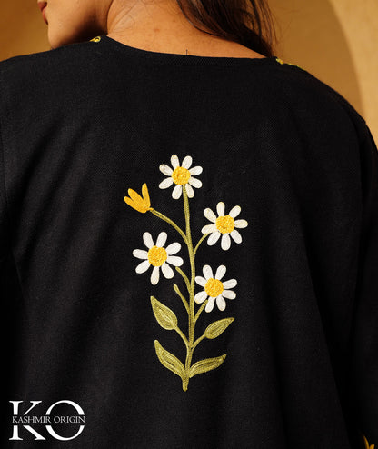 Black Oxeye Daisy Design Aari Embroidered Wool Pheran