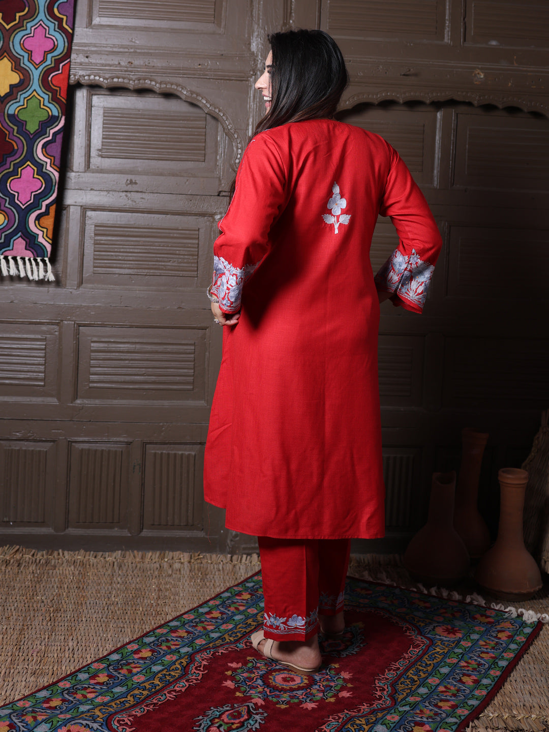women wear scarlet red coord set summer