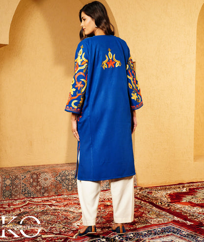 Royal Blue Arm Design Aari Embroidered Woolen Pheran