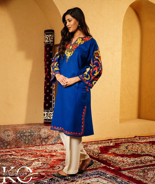 Royal Blue Arm Design Aari Embroidered Woolen Pheran